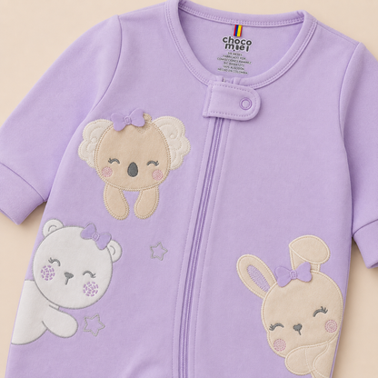 Set 3 Pijamas Enterizas Bebe Nina Koala Conejo Oso Lila - Manga Larga con Piecitos