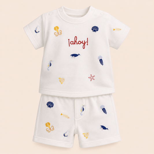 ⚪️ Conjunto ¡Ahoy! Bebé – Camiseta y Short Blanco con Bordados del Mar