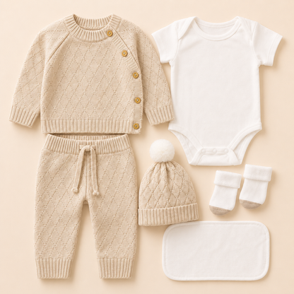 ⚪️ Conjunto Tejido Premium Bebé 6 Piezas – Ref. Valentín Beige |