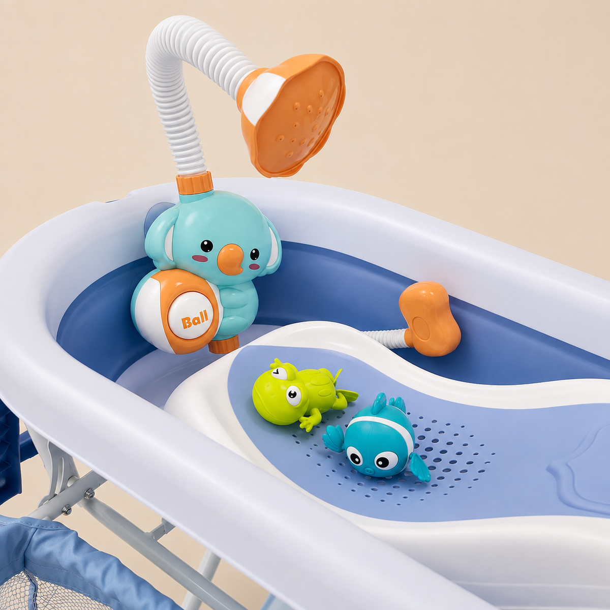 Bañera Alta Plegable con Soporte para Bebé – Termómetro Digital, Canastilla y Juguetes Incluidos