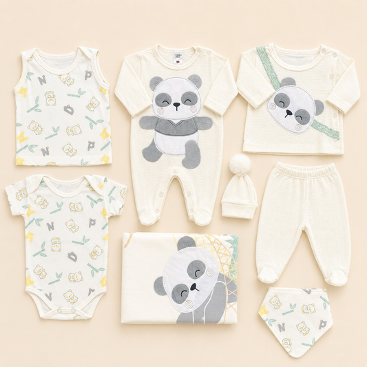Ajuar Recién Nacido Panda 8 Piezas – Crema & Gris | Bordado Artesanal | Mara Baby