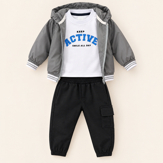 -Conjunto 3 Piezas Bebé Niño – Chaqueta, Camiseta y Pantalón Cargo | Promoción