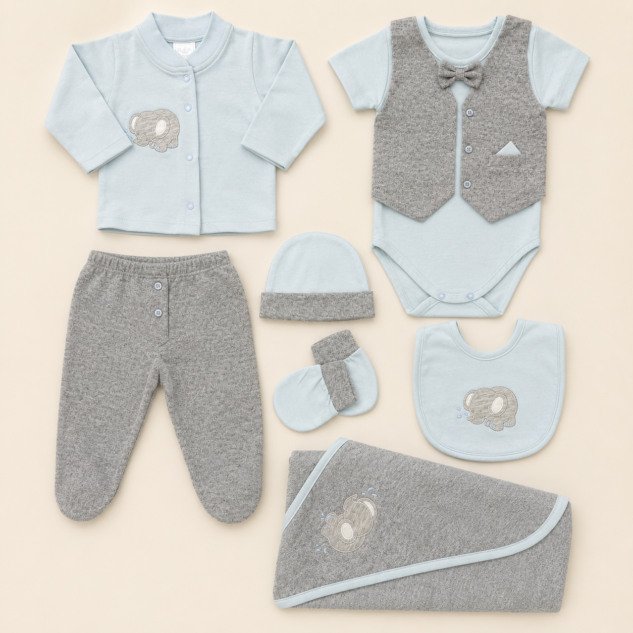 Ajuar Recién Nacido Niño Set 7 Piezas Azul Gris | Elefante Bordado | Mara Baby