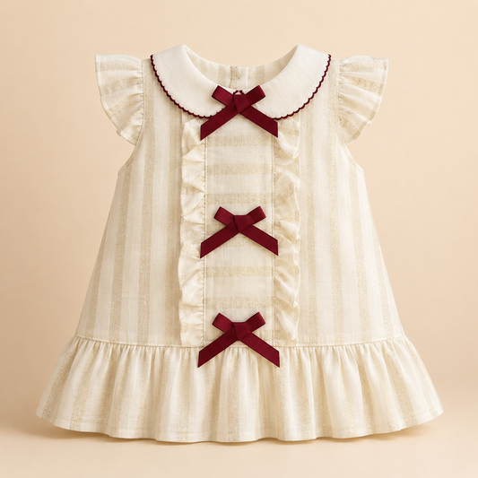 ⚪️ Vestido Niña Estilo Coquette | Crema con Moños Burdeos, Cuello Peter Pan y Volantes |