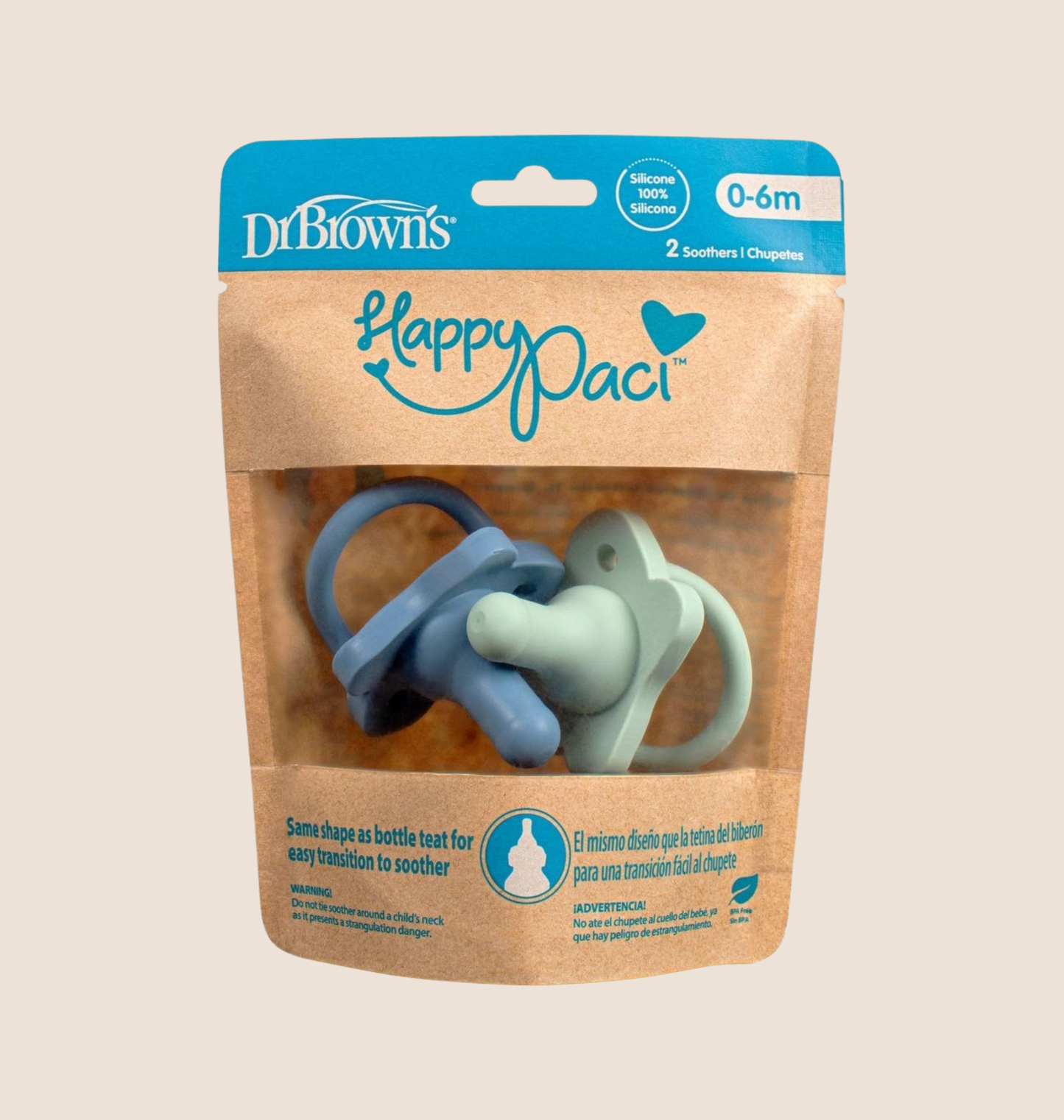 CHUPOS DR. BROWN’S HAPPYPACI - X2 - 100 % SILICONA SUAVE - 0 A 6 M