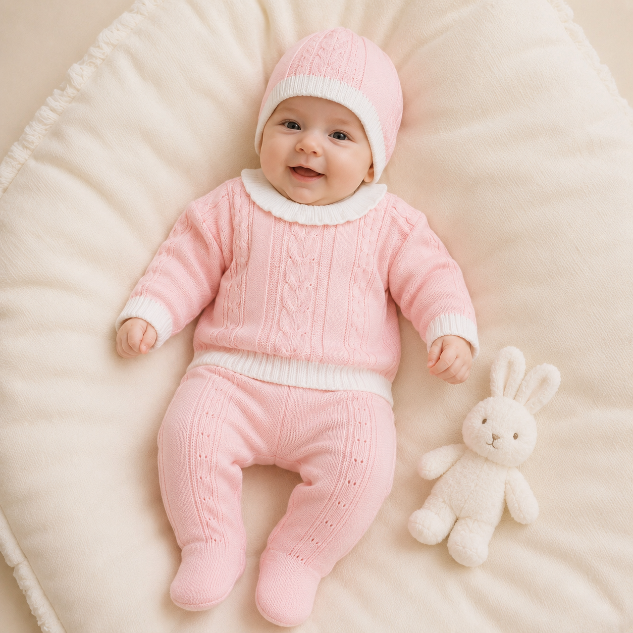 Ajuar Recién Nacido Suéter Trenzado Rosa 4 Piezas | Mara Baby
