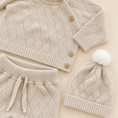 ⚪️ Conjunto Tejido Premium Bebé 6 Piezas – Ref. Valentín Beige |