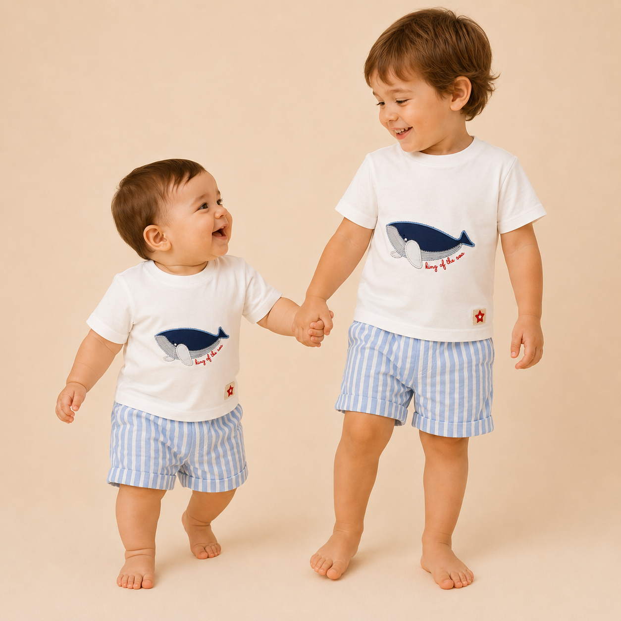 ⚪️ Conjunto King of the Sea Bebé – Camiseta Blanca Ballena y Short a Rayas Azul