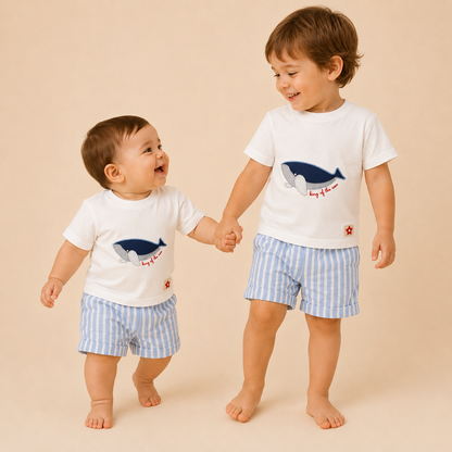 ⚪️ Conjunto King of the Sea Bebé – Camiseta Blanca Ballena y Short a Rayas Azul