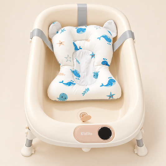 Soporte de baño acolchado blanco con ballenas azules y tres tiras grises dentro de una bañera no incluida