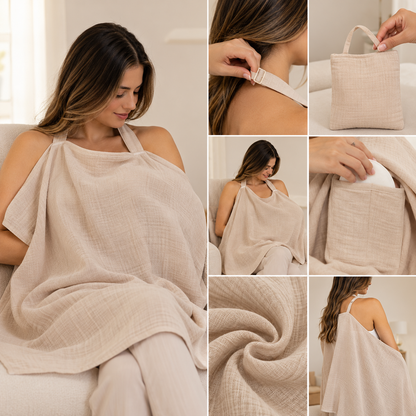 Muselina cubrelactancia Infancie beige con correa ajustable, bolsillos y bolsa de almacenamiento
