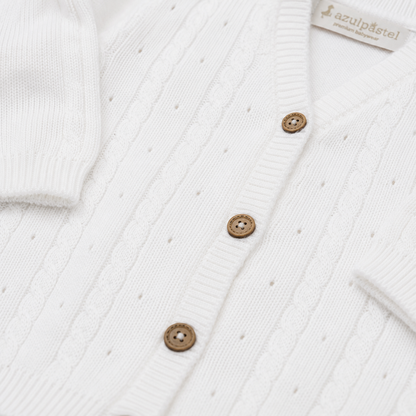 Conjunto Tejido Clásico para Bebé Blanco | Cardígan, Polaina, Body y Gorro | 4 Piezas