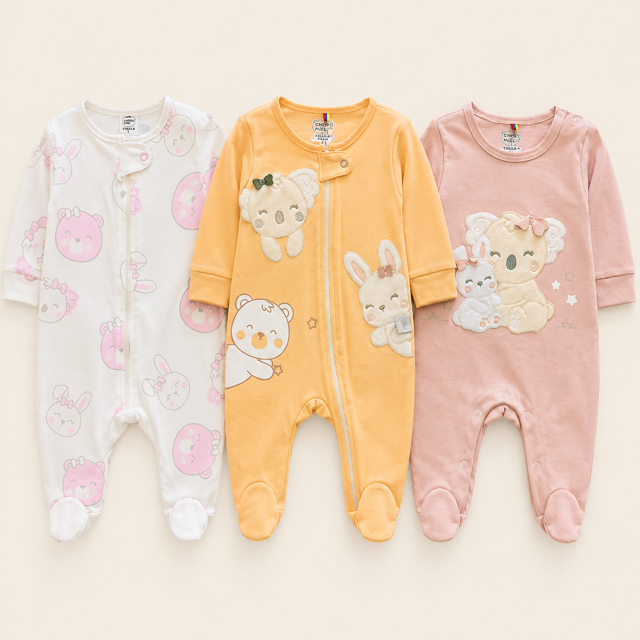 Set 3 Pijamas Enterizas con Piecitos Bebe Nina - Osito y Conejito - Choco Miel Baby