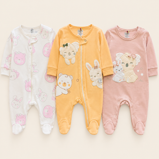 Set 3 Pijamas Enterizas con Piecitos Bebe Nina - Osito y Conejito - Choco Miel Baby