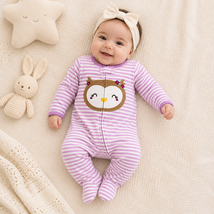 Enterizo Bebe Nina Rayas Lila Buho Bordado con Piecitos