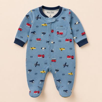 Pijama Enterizo Bebé Niño Azul Vehículos Carros y Aviones con Piecitos | Mara Baby