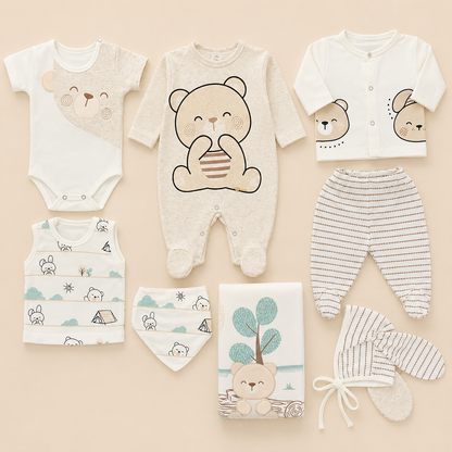 Ajuar Recién Nacido Osito 8 Piezas – Crema y Menta | Mara Baby