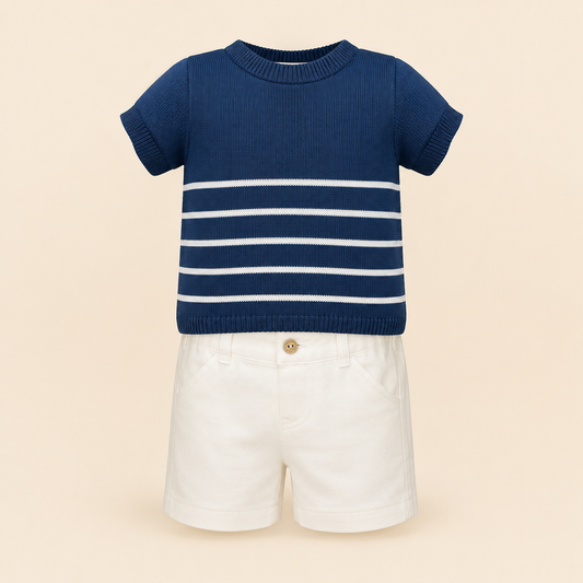 ⚪️ Conjunto Náutico Bebé – Suéter Tejido Azul a Rayas y Short Blanco