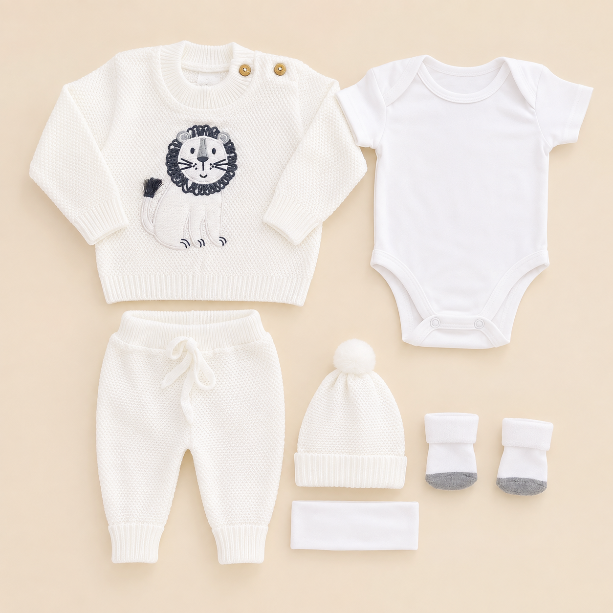 Set Tejido Blanco León 5 Piezas para Bebé Recién Nacido