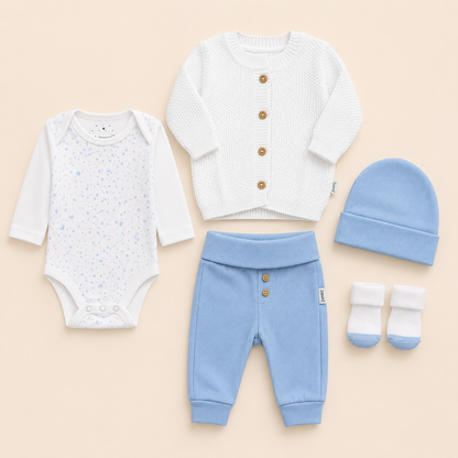⚪️ Conjunto Primer Día Tejido Ref. NOA – Azul | Mara Baby