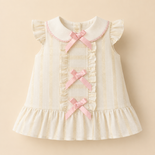 ⚪️ Vestido Niña Estilo Coquette | Crema con Moños Rosados, Cuello Peter Pan y Volantes |
