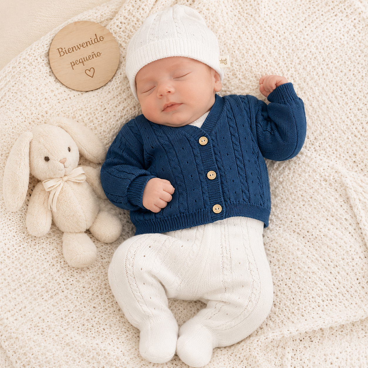 Conjunto Tejido Clásico para Bebé | Cardígan Azul Petróleo, Polaina, Body y Gorro | 4 Piezas