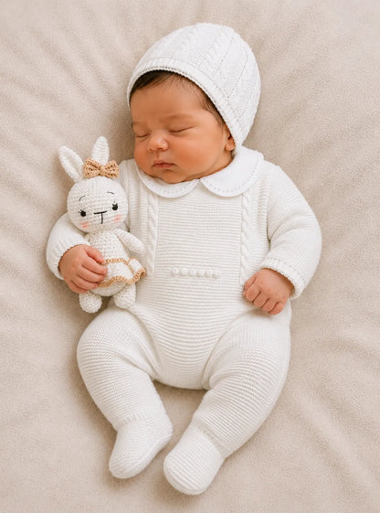 SET MARA TEJIDO PREMIUM - CONEJITA Y AMOR PURA - COLOR BLANCO