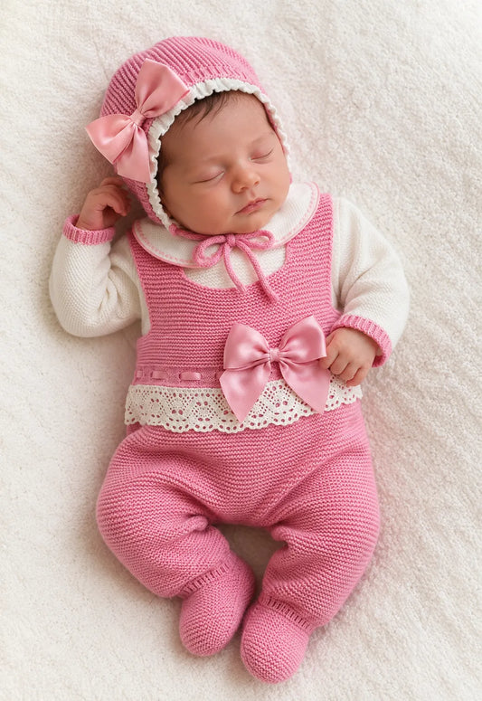 SET PRIMERA PUESTA TEJIDO ARTESANAL - ENCANTO CLÁSICO ROSA CON LAZO SATINADO