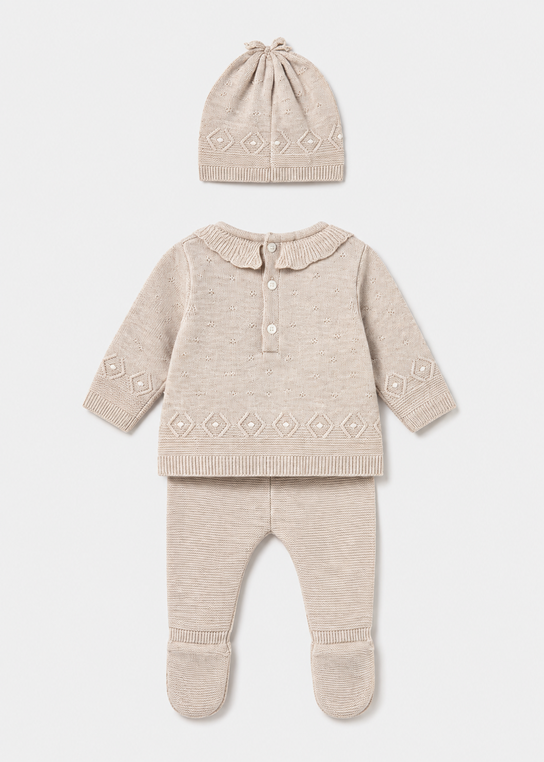 Conjunto 3 piezas tricot recién nacida beige