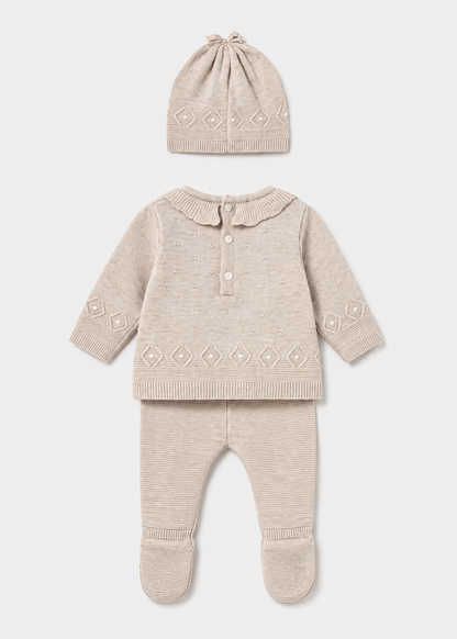 Conjunto 3 piezas tricot recién nacida beige