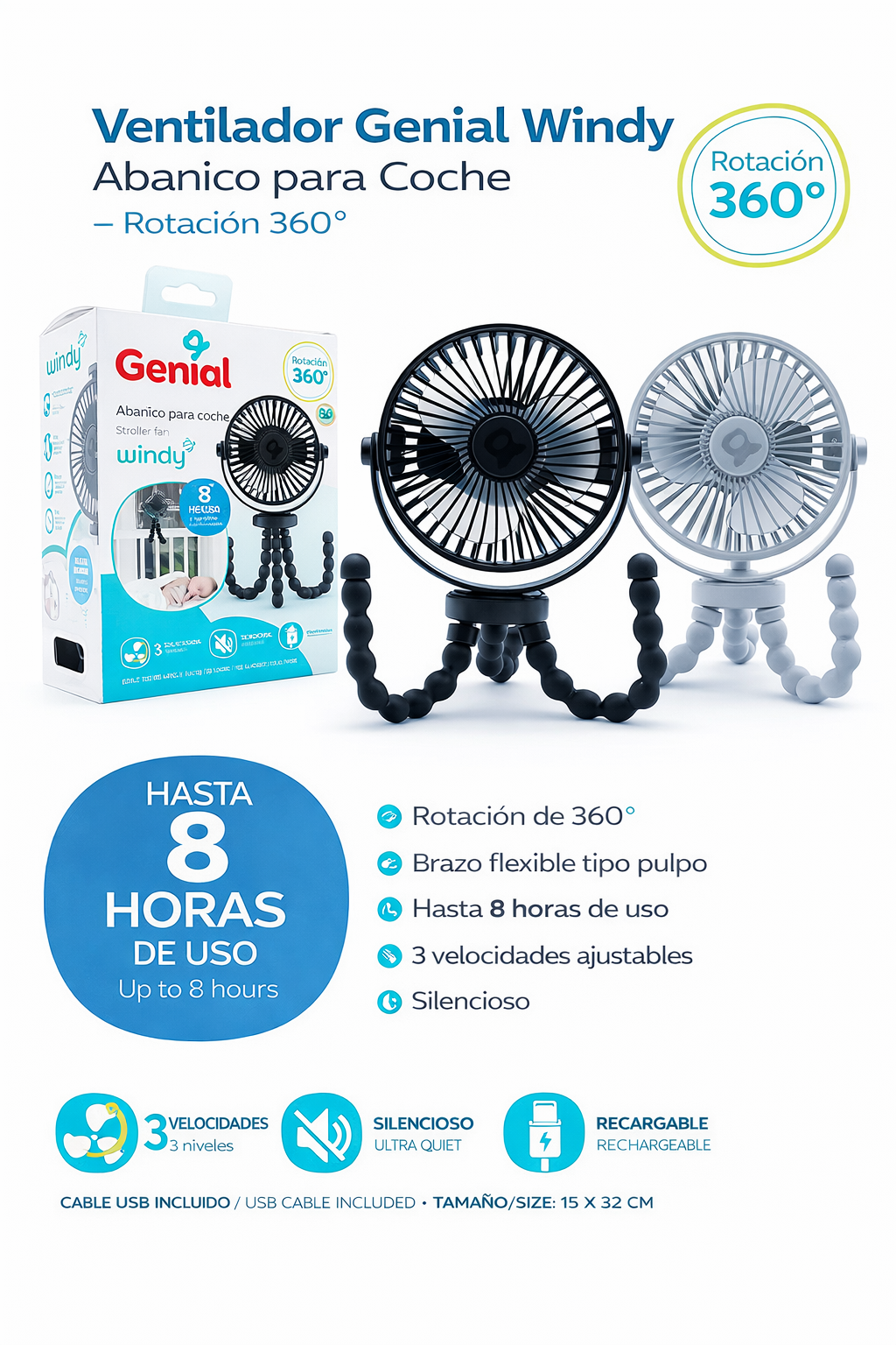VENTILADOR PARA COCHE DE BEBE GENIAL WINDY RECARGABLE