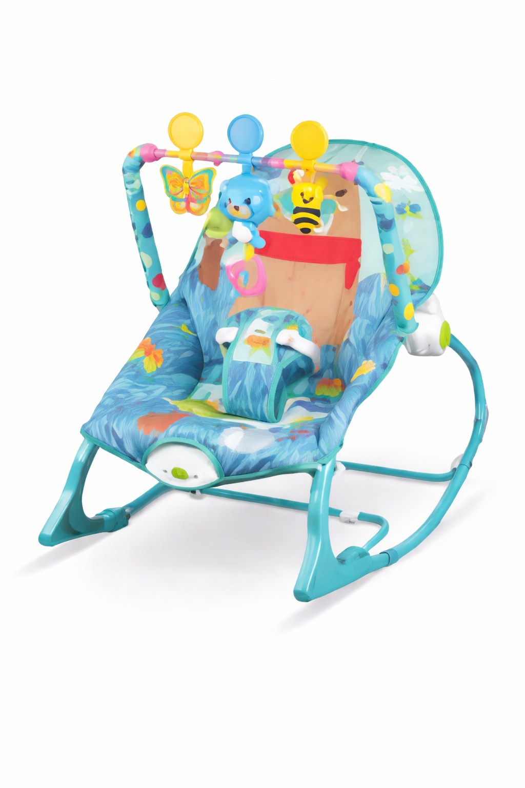 SILLA MECEDORA INFANTIL ROCKER CON JUGUETES COLGANTES Y VIBRACION DISEÑO RANITA LEON AZUL