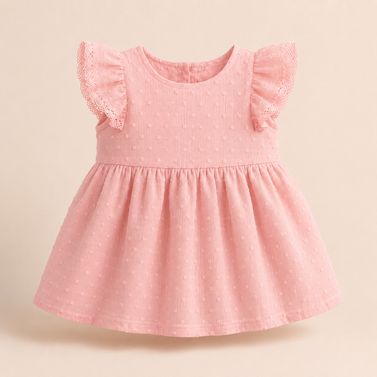 ⭕️ Vestido Europeo Bebé Niña Rosa Plumeti con Mangas Mariposa y Encaje | Mara Baby