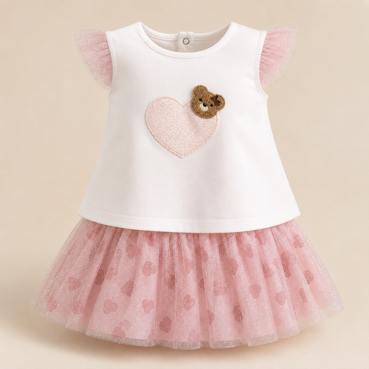 ⭕️ Conjunto 2 Piezas Bebé Niña Blanco y Rosa con Top Osito Corazón y Falda de Tul |