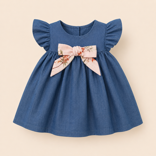 ⭕️ Vestido Colombiano Niña Azul Jean con Mangas Mariposa y Lazo Floral |
