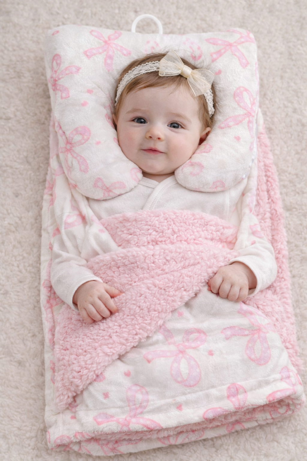 SET COBIJA CON ALMOHADA ANTIVUELCO - DISEÑO MOÑOS ROSADOS