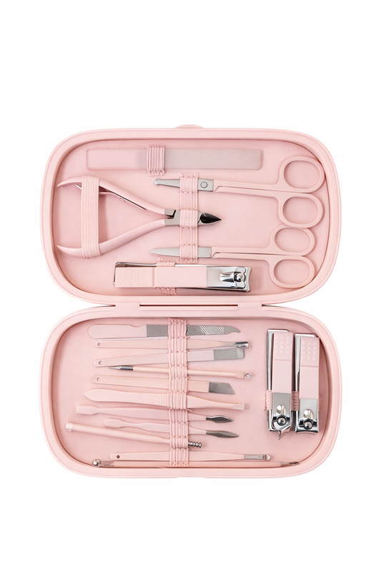 KIT DE MANICURE Y PEDICURE PROFESIONAL - ESTUCHE ROSADO