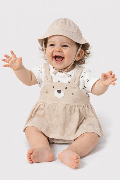 VESTIDO PETO SIMULADO CON GORRO PARA RECIEN NACIDA