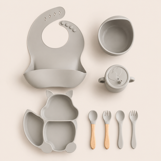 Set de Alimentación para Bebé Diseño Ardilla | Silicona Sin BPA Color Gris – Mara Baby