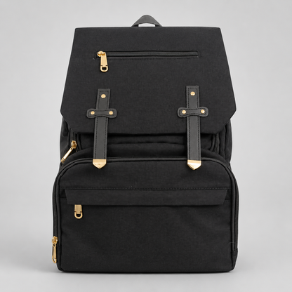 ⚪Pañalera Morral Premium Negra con Detalles Dorados | Mara Baby
