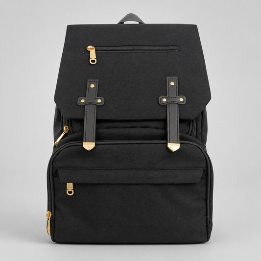 ⚪Pañalera Morral Premium Negra con Detalles Dorados | Mara Baby