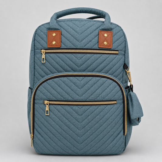 ⚪Pañalera Mochila Acolchada Chevron con Herrajes Dorados – Azul Pizarra