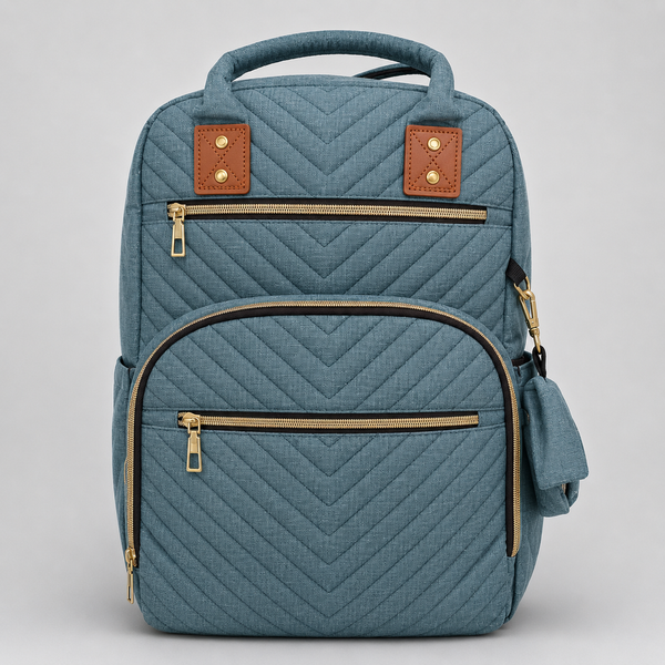 Pañalera Mochila Acolchada Chevron con Herrajes Dorados – Azul Pizarra