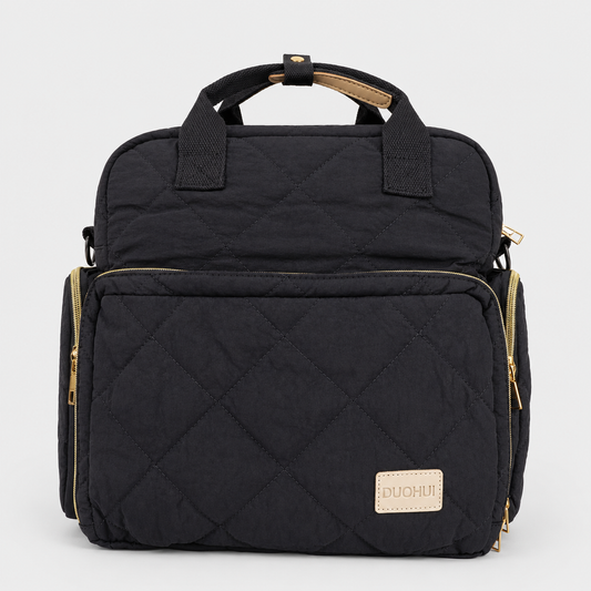 ⚪Pañalera Morral Duohui Negro | Acolchada con Detalles Dorados