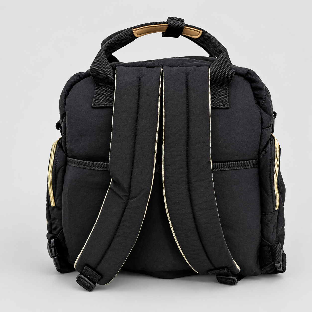 ⚪Pañalera Morral Duohui Negro | Acolchada con Detalles Dorados