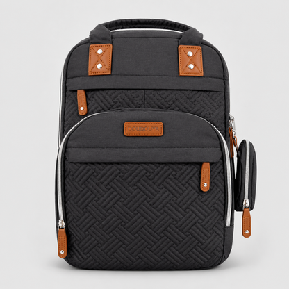 ⚪Pañalera Morral Doudouya Negro | Acolchada con Detalles en Cuero Café
