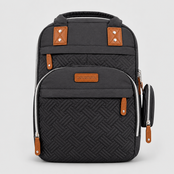Pañalera Morral Doudouya Negro | Acolchada con Detalles en Cuero Café