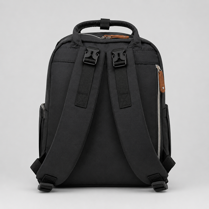 ⚪Pañalera Morral Doudouya Negro | Acolchada con Detalles en Cuero Café