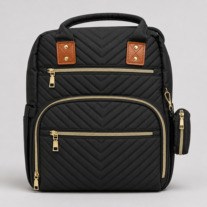 ⚪Pañalera Morral Negra Acolchada | Chevron con Detalles Dorados y Cuero Café