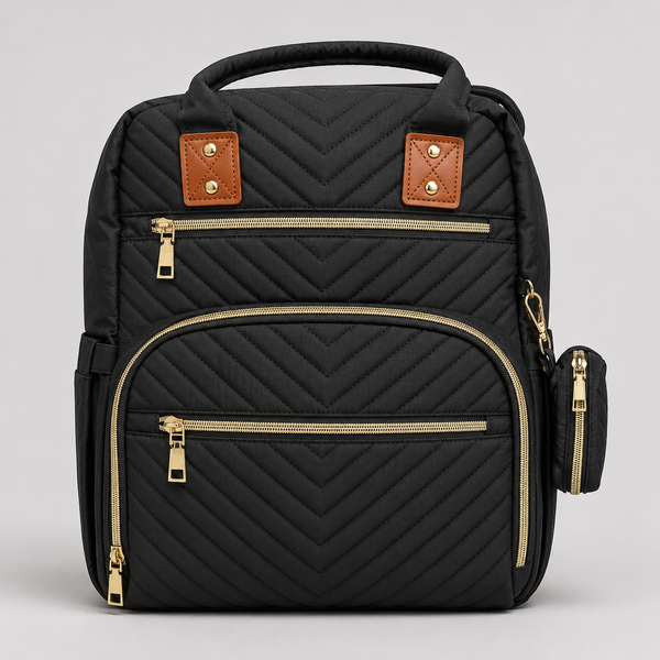 Pañalera Morral Negra Acolchada | Chevron con Detalles Dorados y Cuero Café